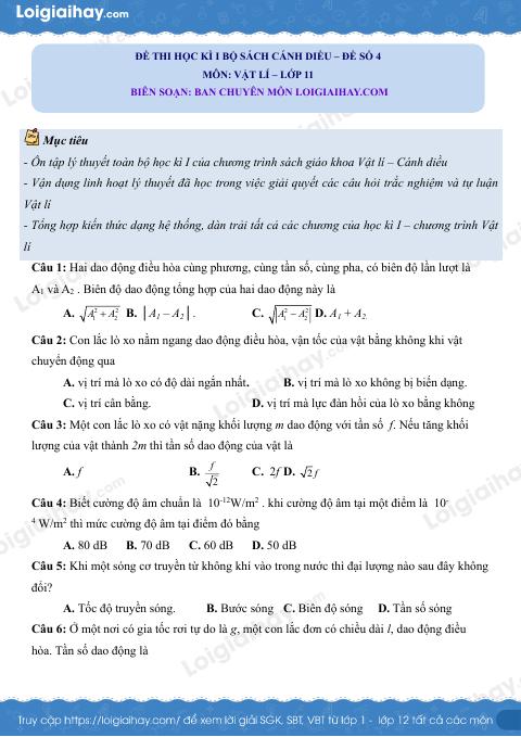Đề thi học kì 1 Vật lí 11 Cánh diều - Đề số 4